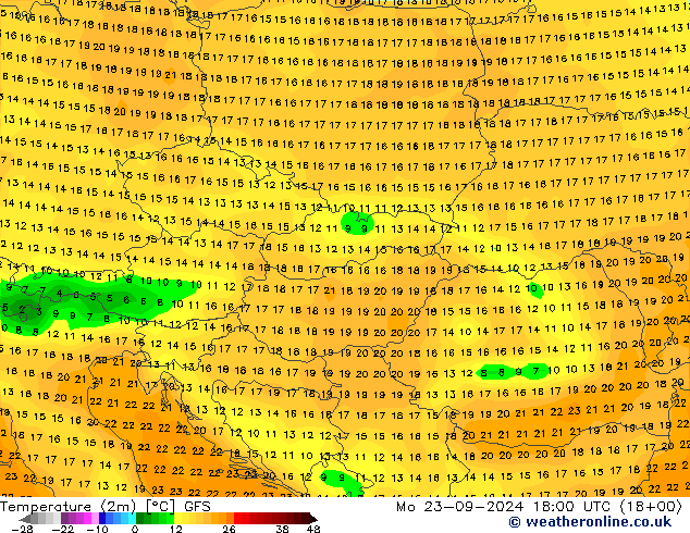 Temperaturkarte (2m) GFS Mo 23.09.2024 18 UTC