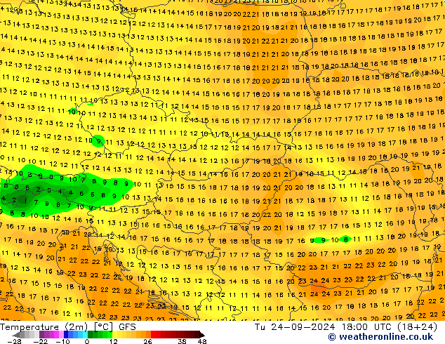 Temperature (2m) GFS Tu 24.09.2024 18 UTC