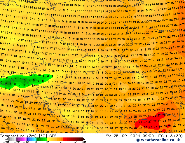 Temperatura (2m) GFS mié 25.09.2024 09 UTC