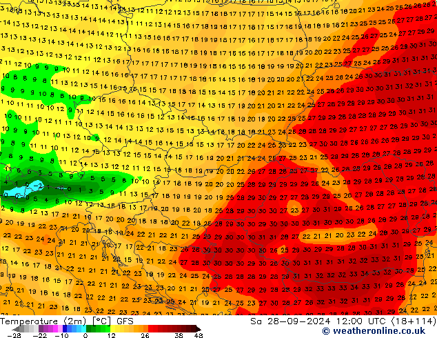 mapa temperatury (2m) GFS so. 28.09.2024 12 UTC