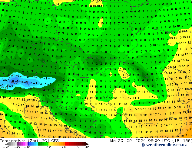 Temperatura (2m) GFS lun 30.09.2024 06 UTC