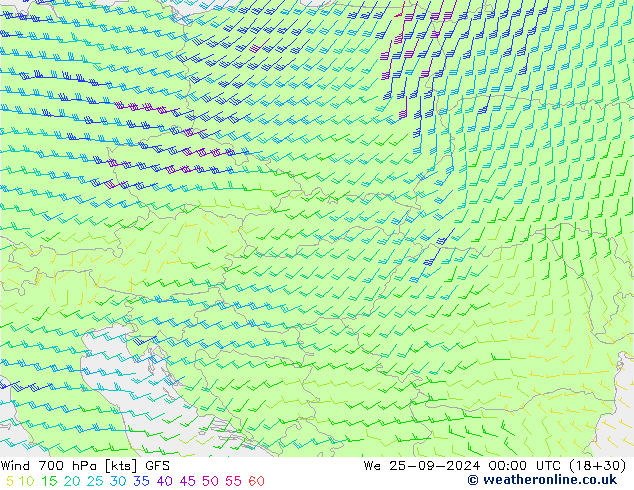 wiatr 700 hPa GFS śro. 25.09.2024 00 UTC