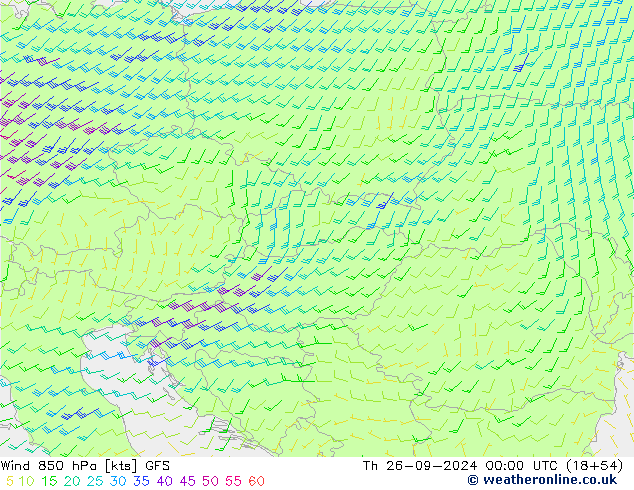 wiatr 850 hPa GFS czw. 26.09.2024 00 UTC