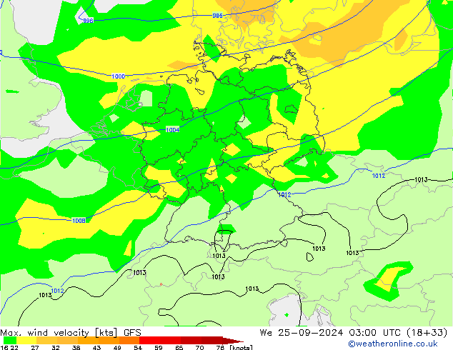 Max. wind snelheid GFS wo 25.09.2024 03 UTC