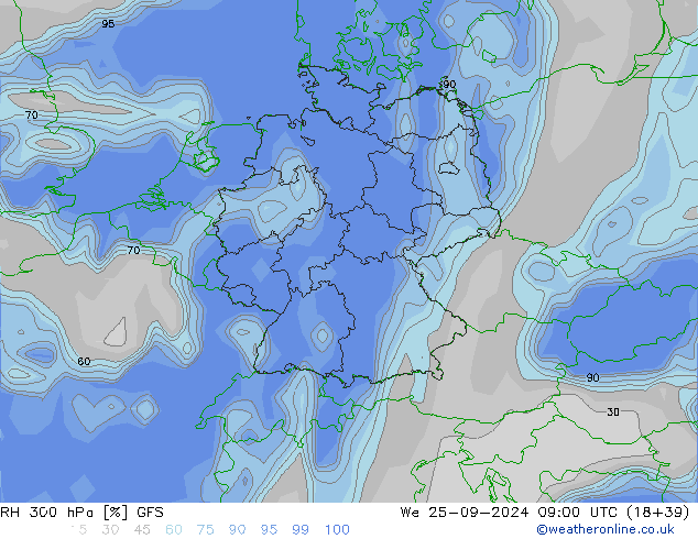 Humedad rel. 300hPa GFS mié 25.09.2024 09 UTC