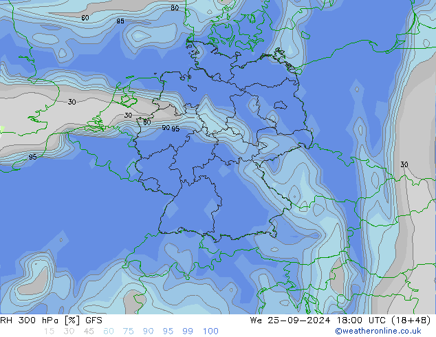 RH 300 hPa GFS Qua 25.09.2024 18 UTC