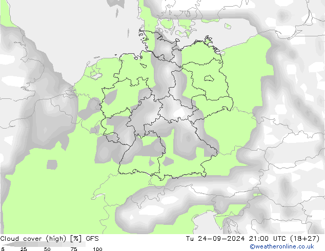 Cloud cover (high) GFS Tu 24.09.2024 21 UTC