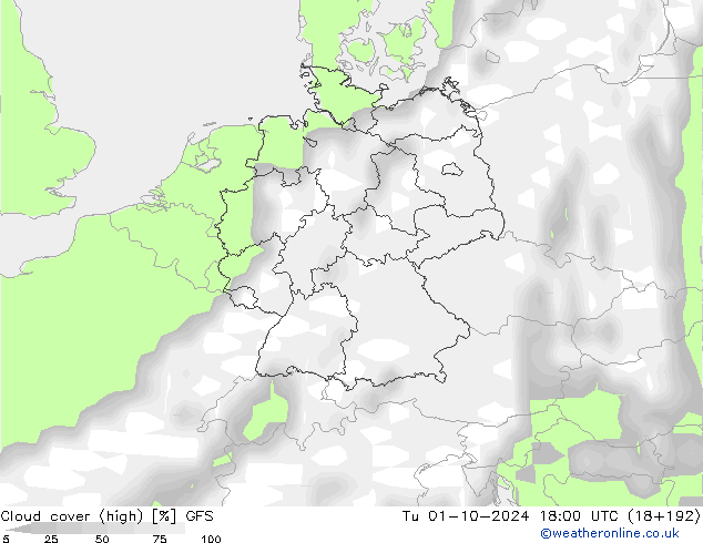 Cloud cover (high) GFS Tu 01.10.2024 18 UTC