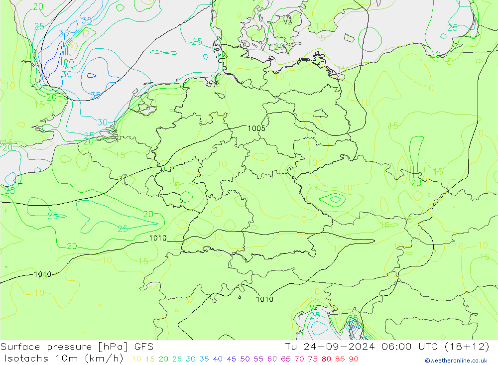 Isotachs (kph) GFS Tu 24.09.2024 06 UTC