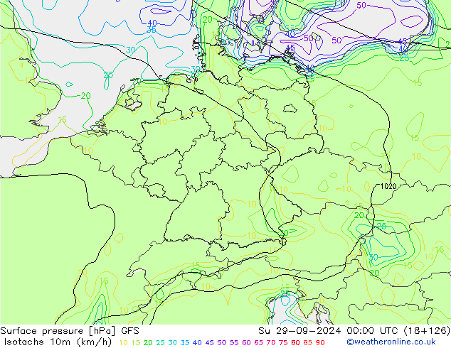 Isotachs (kph) GFS Su 29.09.2024 00 UTC