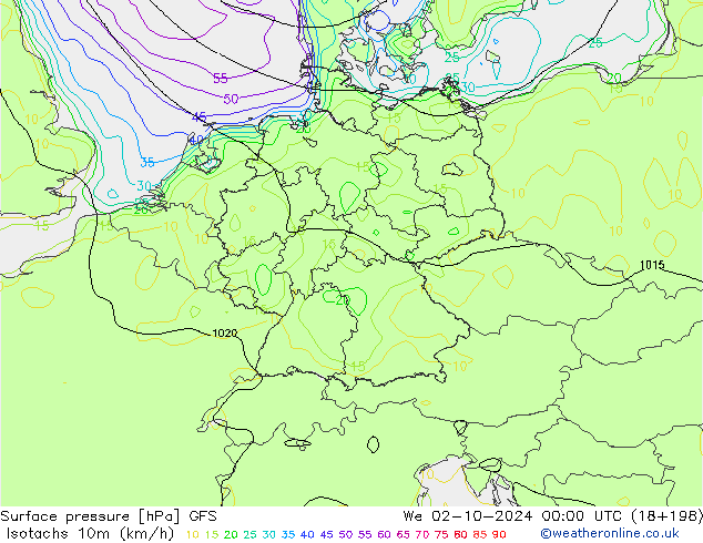 Isotachen (km/h) GFS wo 02.10.2024 00 UTC