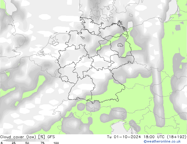 Cloud cover (low) GFS Tu 01.10.2024 18 UTC