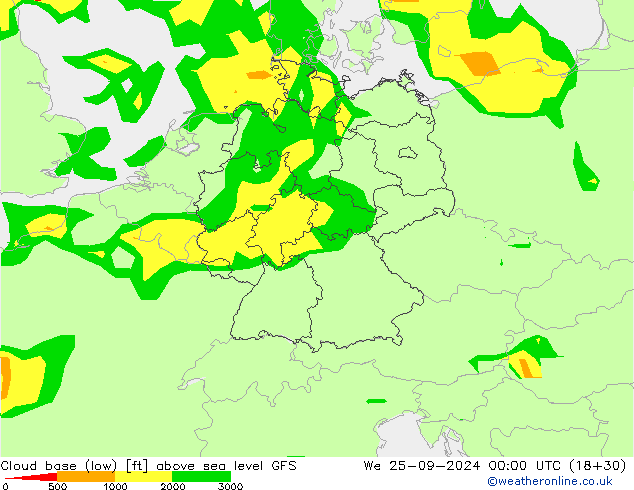 Höhe untere Wolkengrenze GFS Mi 25.09.2024 00 UTC