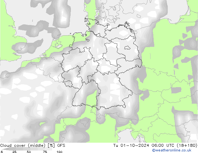 oblačnosti uprostřed GFS Út 01.10.2024 06 UTC