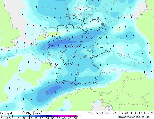 Précipitation (12h) GFS mer 02.10.2024 06 UTC