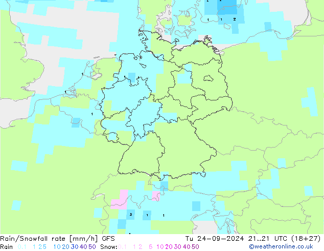 Rain/Snowfall rate GFS Tu 24.09.2024 21 UTC