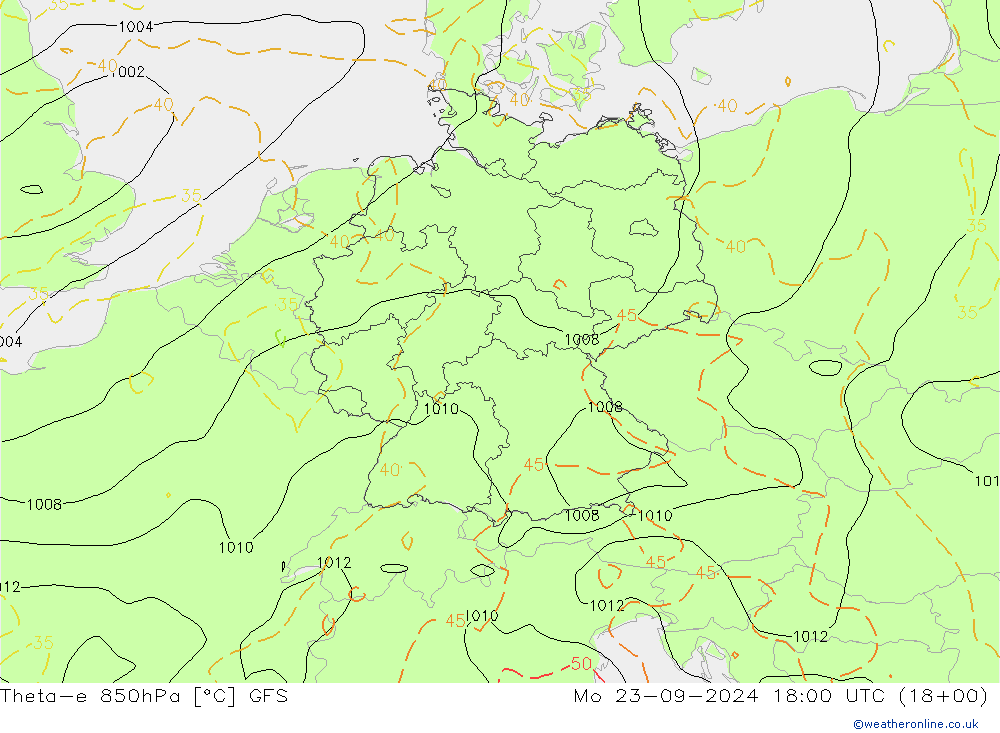 Theta-e 850гПа GFS пн 23.09.2024 18 UTC