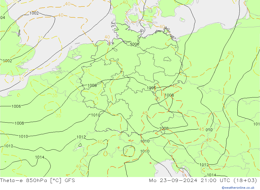 Theta-e 850hPa GFS lun 23.09.2024 21 UTC