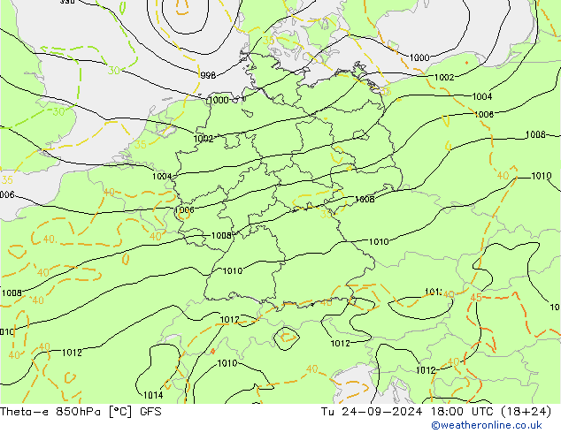 Theta-e 850hPa GFS Tu 24.09.2024 18 UTC