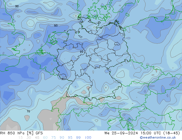 RH 850 hPa GFS Qua 25.09.2024 15 UTC