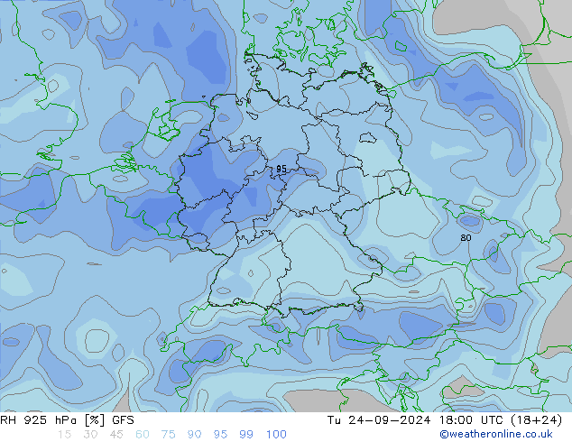 Humidité rel. 925 hPa GFS mar 24.09.2024 18 UTC