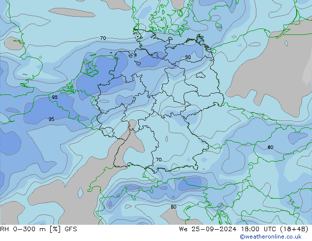 RH 0-300 m GFS mer 25.09.2024 18 UTC