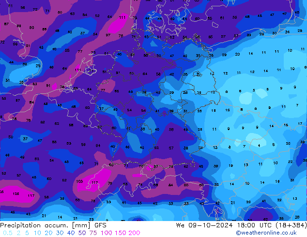 Precipitation accum. GFS We 09.10.2024 18 UTC