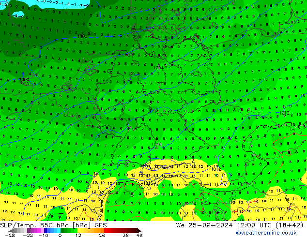 SLP/Temp. 850 hPa GFS We 25.09.2024 12 UTC