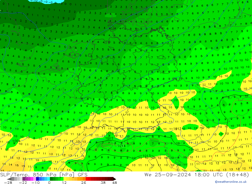 SLP/Temp. 850 hPa GFS mié 25.09.2024 18 UTC