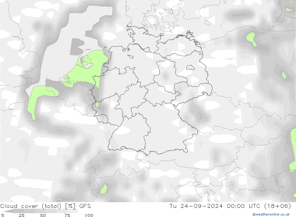 Cloud cover (total) GFS Tu 24.09.2024 00 UTC