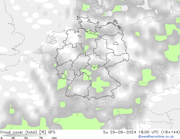 Cloud cover (total) GFS Su 29.09.2024 18 UTC