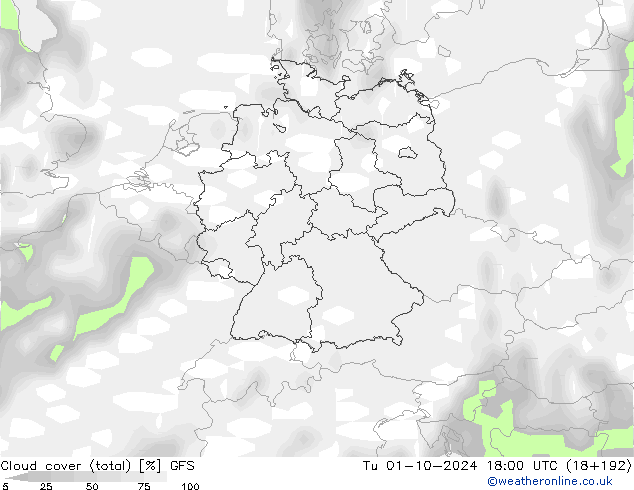 Cloud cover (total) GFS Tu 01.10.2024 18 UTC