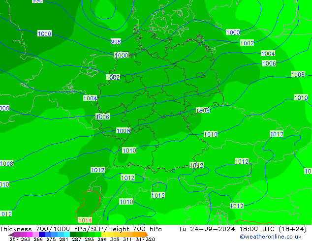 Schichtdicke 700-1000 hPa GFS Di 24.09.2024 18 UTC