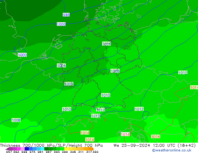 Thck 700-1000 hPa GFS mer 25.09.2024 12 UTC