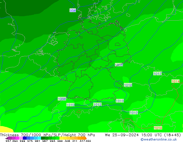 Thck 700-1000 hPa GFS We 25.09.2024 15 UTC