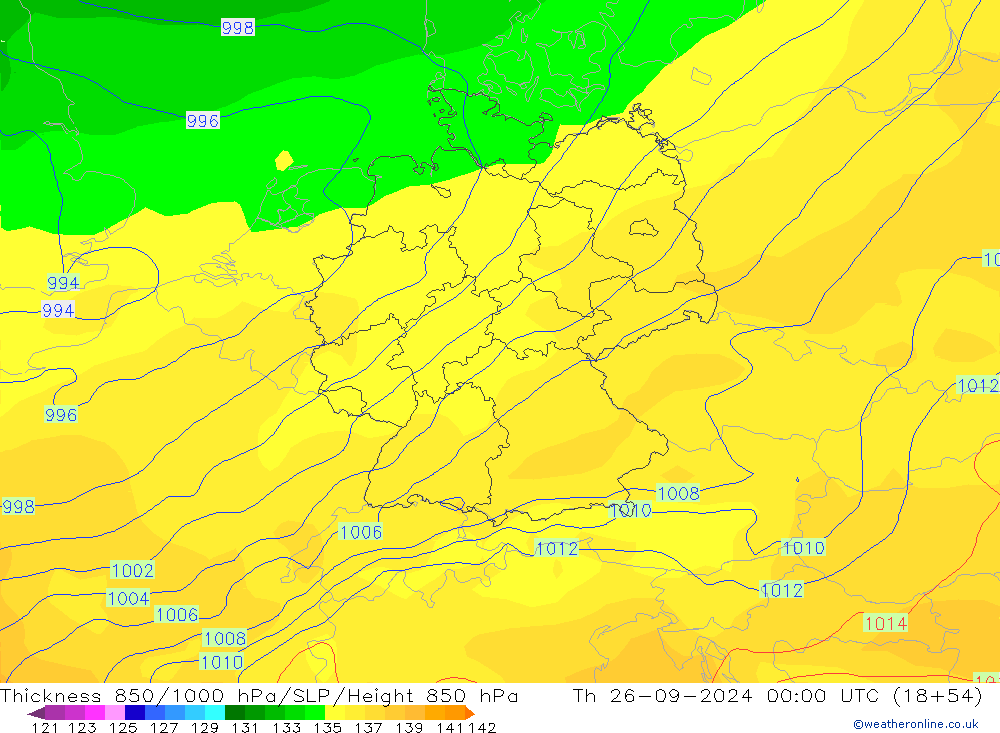 Thck 850-1000 hPa GFS czw. 26.09.2024 00 UTC