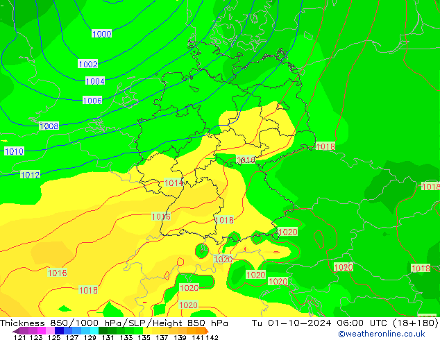 Dikte 850-1000 hPa GFS di 01.10.2024 06 UTC