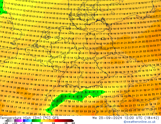 Temperature High (2m) GFS We 25.09.2024 12 UTC