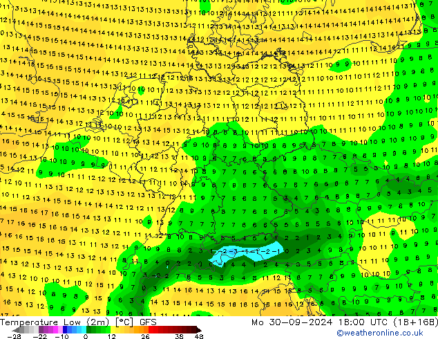 Temperature Low (2m) GFS Mo 30.09.2024 18 UTC