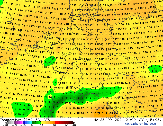 Temperature (2m) GFS Mo 23.09.2024 21 UTC