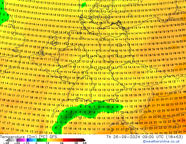 Temperature (2m) GFS Th 26.09.2024 09 UTC