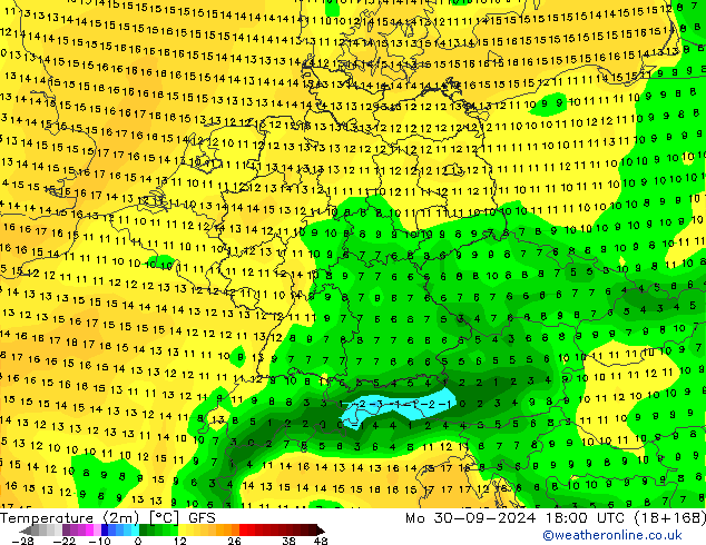 Temperature (2m) GFS Mo 30.09.2024 18 UTC