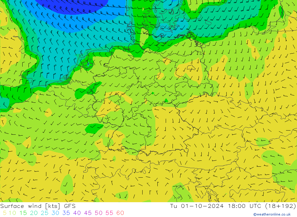 Wind 10 m GFS di 01.10.2024 18 UTC