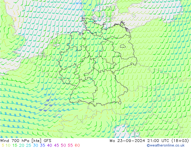 Viento 700 hPa GFS lun 23.09.2024 21 UTC