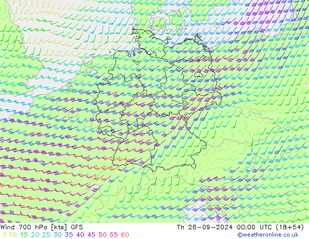 Vento 700 hPa GFS gio 26.09.2024 00 UTC