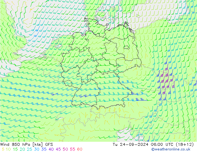 Wind 850 hPa GFS di 24.09.2024 06 UTC