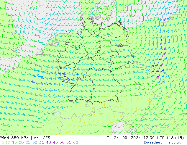 ветер 850 гПа GFS вт 24.09.2024 12 UTC