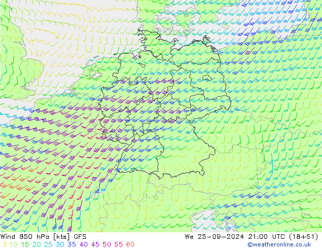 Wind 850 hPa GFS We 25.09.2024 21 UTC