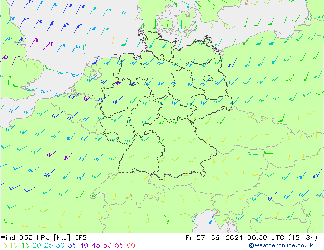 Wind 950 hPa GFS Pá 27.09.2024 06 UTC