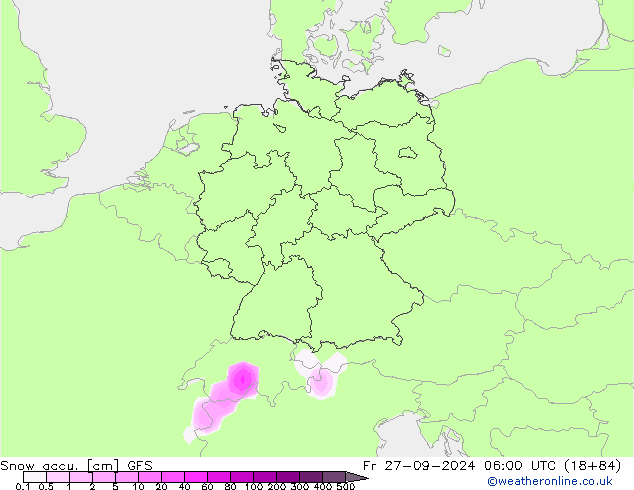 Totale sneeuw GFS vr 27.09.2024 06 UTC